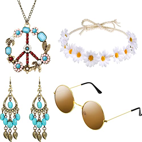 Hicarer Hippie Costume Set Include Sunglasses, Headband, Peace Sign Necklace and Earring (Turquoise Style)