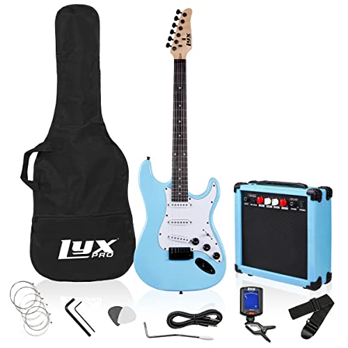 LyxPro 39 inch Electric Guitar Kit Bundle with 20w Amplifier, All Accessories, Digital Clip On Tuner, Six Strings, Two Picks, Tremolo Bar, Shoulder Strap, Case Bag Starter kit Full Size - Retro Blue