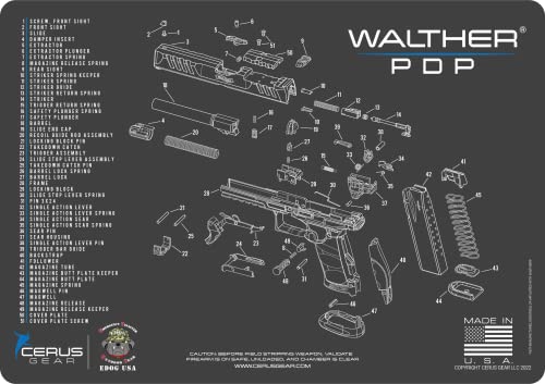 PDP Gun Cleaning Mat - Schematic (Exploded View) Diagram Compatible with Walther PDP Series Pistol 3 mm Padded Pad Protect Your Firearm Magazines Bench Surfaces Gun Oil Solvent Resistant, BLACK