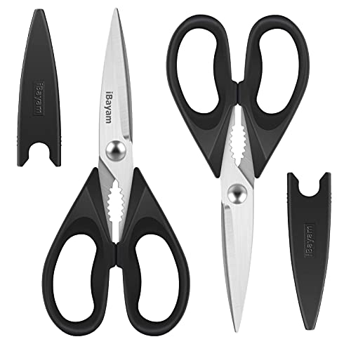 Kitchen Shears, iBayam Kitchen Scissors All Purpose Heavy Duty Meat Scissors Poultry Shears, Dishwasher Safe Food Cooking Scissors Stainless Steel Utility Scissors, 2-Pack, Black
