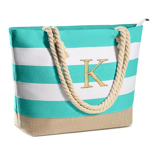 YOOLIFE Initial Beach Bag for Women - Canvas Beach Tote Bag Waterproof Personalized Christmas Gifts for Women Girlfriend Friends Female Mom Sister Her Teacher Birthday Bridesmaids Girl Gifts K