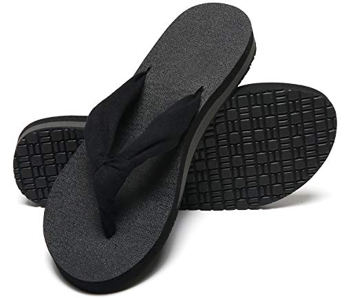 MAIITRIP Womens Flip Flops Summer All Black Ladies Thong Sandals Comfortable Best Durable Yoga Mat Footbed flipflops With Soft Cushion Arch Support Cloth Stap Size 8.5