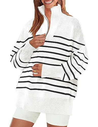 ZESICA Women's Striped Sweaters Half Zipper Long Sleeve Ribbed Knit Loose Oversized Fall Pullover Sweater Tops,White,Medium