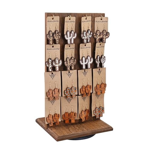 Ikee Design Wooden Rotating Two-Sided Jewelry Display Stand, Rotating Organizer with 32 Hooks for Store, Earring Display with Hooks, KeyChain Display, Brown color, 9 W x 7.5 D x 16.5 H in