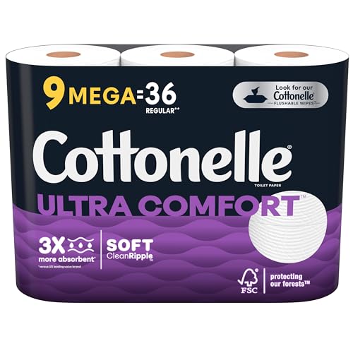 Cottonelle Ultra Comfort Toilet Paper, 2-Ply, Strong Toilet Tissue, 9 Mega Rolls (9 Mega Rolls = 36 Regular Rolls), 268 Sheets per Roll, Packaging May Vary