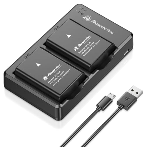 Powerextra 2 x EN-EL14 EN-EL14a Battery & Dual LCD Charger Compatible with Nikon D3100 D3200 D3300 D3400 D3500 D5100 D5200 D5300 D5500 D5600 DF Coolpix P7000 P7100 P7700 P7800 Cameras