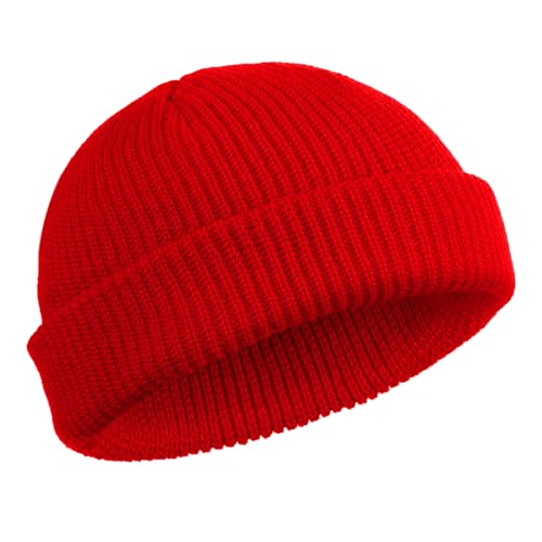 Trawler Beanie Watch Hat Roll-up Edge Skullcap Fisherman Beanie for Women (Red)