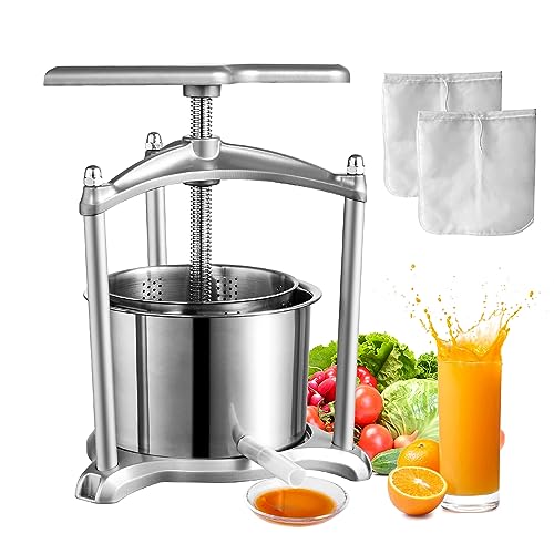VEVOR Fruit Wine Press, Manual Juice Maker for Wine Making, Cider Apple Tincture Vegetables Honey Olive Oil Press with Two Stainless Steel Barrels, T-Handle, Stable Triangular Structure, 1.5 Gal/5.5L