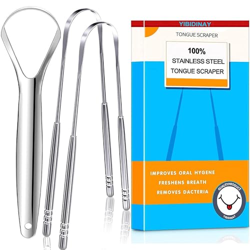 Tongue Scraper, 3 Pack Reduce Bad Breath, 100% (Medical Grade) Stainless Steel Tongue Cleaners, Metal Tongue Scrapers, Tongue Brush for Adults - Fresher Breath in Seconds