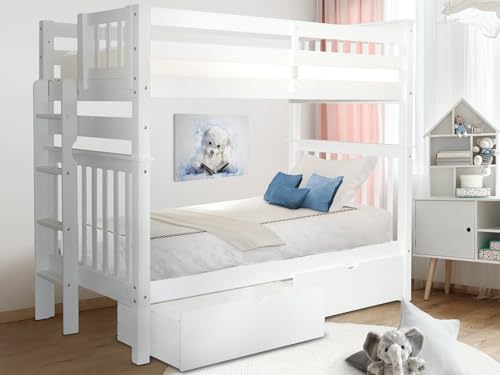 Bedz King Tall Bunk Beds Twin over Twin Mission Style with End Ladder and 2 Under Bed Drawers, White