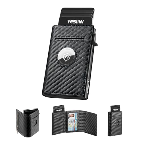 YESIIW Smart Wallet for Men, Airtag Wallet for Apple AirTag, RFID Blocking Mens Wallets with Air Tag Holder, Pop Up Card Holder with Money Clip and ID Window Carbon Fiber Black Gift for Men