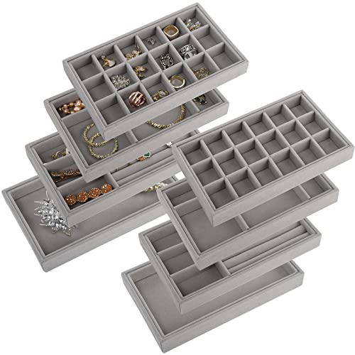 yarlung 8 Pack Velvet Jewelry Trays Organizer, Stackable Jewelry Display Case Drawer Inserts Tray for Earring, Ring, Necklace, Bracelet, Brooch, Watch, Multi-slot Design, 8.3x5x1 Inch