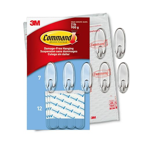 Command Medium Wall Hooks, Damage Free Hanging Wall Hooks with Adhesive Strips, No Tools Wall Hooks for Hanging Decorations in Living Spaces, 7 Clear Wall Hooks and 12 Command Strips