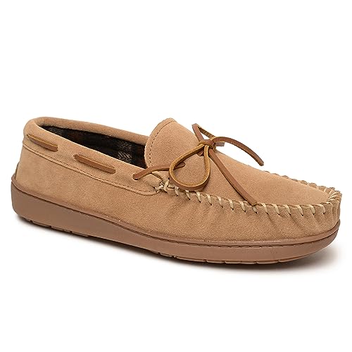 Minnetonka Plaid Lined Hardsole - Moccasin Slippers for Men Made with Suede Upper, Rubber Sole, Plush Interior, Fleece Lining, Rawhide Lace, and Traditional Moccasin Design, 10 M Cinnamon