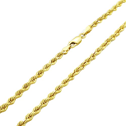 Nuragold 14k Yellow Gold 3mm Solid Rope Chain Diamond Cut Link Pendant Necklace, Mens Womens Lobster Clasp 16' 18' 20' 22' 24' 26' 28' 30'