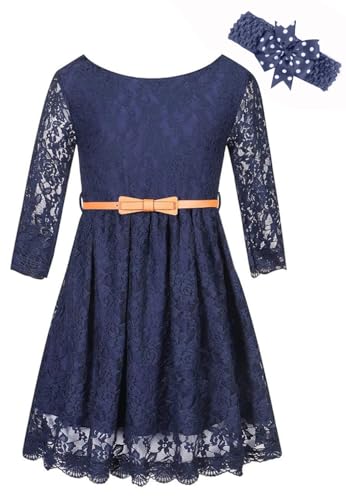 BINPW Little Girls Dress 3/4 Sleeve Vintage Flower Lace Dress for Wedding Party Evening Gown Pageant Gowns, Navy, 9-10 Years=Tag 160