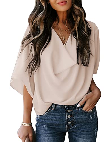 Dokotoo Sexy Blouses for Women Casual Short Sleeve V Neck Solid Color Ladies Wrap Draped Front Business Fashion Chiffon Shirts Dressy Tops Spring Summer Western Clothes 2024 Apricot Large