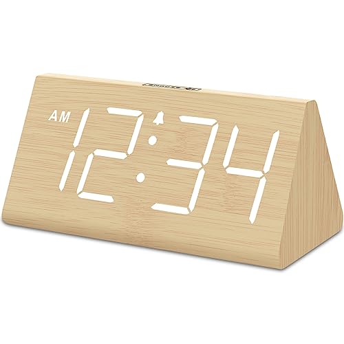 DreamSky Wooden Digital Alarm Clocks for Bedrooms - Electric Desk Clock with Large Numbers, USB Port, Battery Backup Alarm, Adjustable Volume, Dimmer, Snooze, DST, 12/24H, Wood Décor (Bamboo-White)