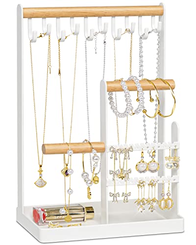 MetWoods Jewelry Holder Organizer with Earring Tray and 10 Hooks, 4 Tier Necklace Holder Display for Earrings Watches Bracelet Rings (White)