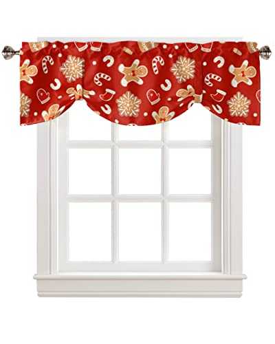 Tie Up Curtain Valance for Windows Decor, Christmas Red Gingerbread Man Candy Window Treatment for Living Room Bedroom Bathroom,Rod Pocket Kitchen Curtain Shades Adjustable Small Valance 42'W x 18'L