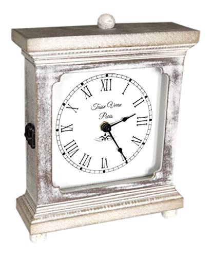 Tasse Verre Rustic Shelf Clock (Quiet) for Living Room Mantel, Table, Or Desk 9' X 7' Farmhouse Decor Distressed White Washed Wood Silent - Office Fireplace. AA Battery Operated Non-Digital, Tan