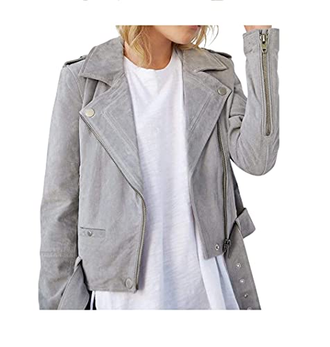 [BLANKNYC] womens Luxury Clothing Cropped Suede Leather Motorcycle Jackets, Comfortable & Stylish Coats, Cloud Grey, Small