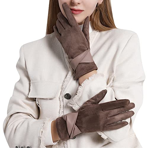 Winter Women Suede Warm Gloves Elegant Temperament Touchscreen Gloves Bow Full Finger Gloves (B, One Size)