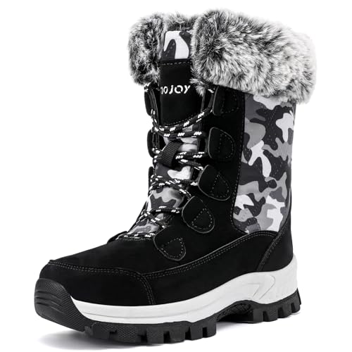 COOJOY Womens Winter Snow Boots Waterproof Shoes Tennis Walking Comfortable Hiking Booties Furry Mid Calf Warm Lightweight Camo Black,US8 EU40