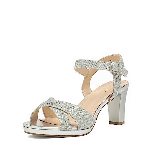 DREAM PAIRS Women’s ICE-1 High Chunky Block Platform Heels Open Toe Ankle Strap Dress Pump Heel Sandals Silver Glitter Size 8