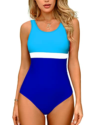 MOLYBELL Athletic One Piece Swimsuits for Women Sport Training Bathing Suit Color Block U Back Monokini for Teen Girls (Blue, Medium)