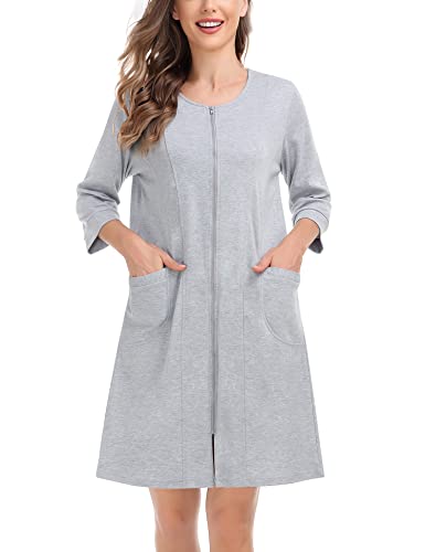 SWOMOG Zip Up Robe Women 3/4 Sleeve Lounger Nightgowns Comfy Housecoat Cotton Lightweight Dress Duster with Pockets