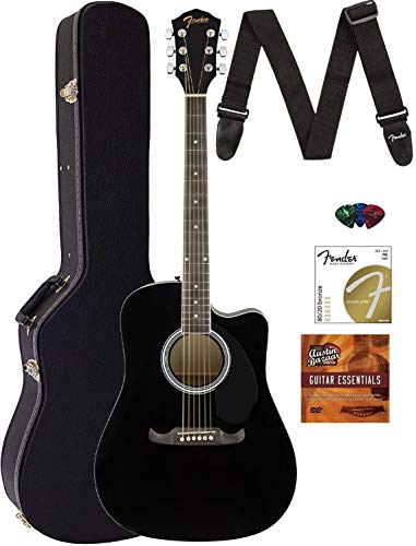 Fender FA-125CE Dreadnought Cutaway Acoustic-Electric Guitar - Black Bundle with Hard Case, Strap, Strings, Picks, Fender Play Online Lessons, and Austin Bazaar Instructional DVD