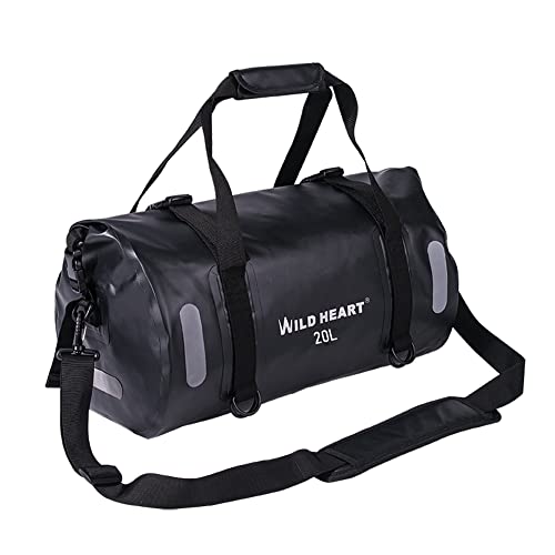 WILD HEART Waterproof Bag Duffel Bag 20L 30L 40L with Welded Seams Shoulder Straps, Mesh Pocket for Kayaking, Camping, Boating,Bicycle,Motorcycle 20L Black