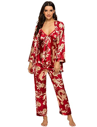 Escalier Women's Silk Satin Pajamas Set 3 Pcs Floral Silky Pj Sets Sleepwear Cami Nightwear with Robe and Pants Wine L