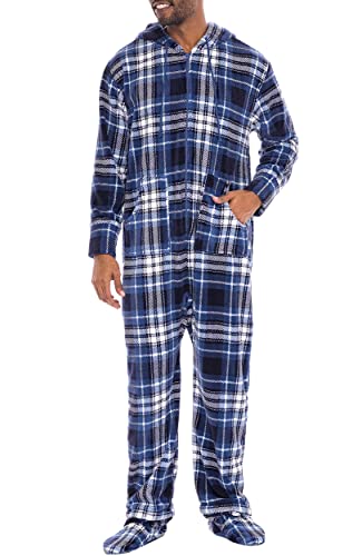 Alexander Del Rossa Men's Warm Fleece One Piece Footed Pajamas Set, Adult Onesie with Hood and Pockets, Plaid Footed, Large (A0320P27LG)
