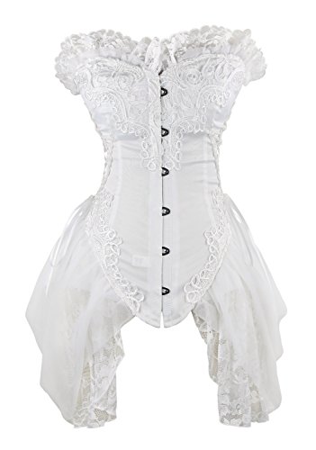Charmian Women's Sexy Strapless Floral Embroidery Mesh Princess Gothic Vintage Bustier Corset with Lace Skirt White X-Large