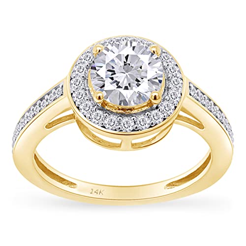 1.00 Carat Round Cut Lab Created Moissanite Diamond Halo Engagement Ring in 14k Solid Yellow Gold (G-H Color, 1.00 Cttw) Ring Size-5.5