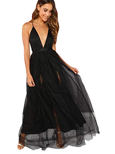 Floerns Women's Plunging Neck Spaghetti Strap Maxi Cocktail Party Dress Black L