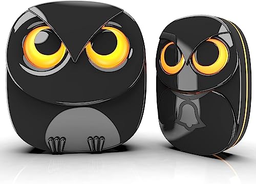 Wireless Doorbell, Cute Owl Doorbell Weatherproof IP55 Outdoor Remote Push Button- 1000 Feet Long Wireless Range, 1 Receivers + 1 Transmitters, Black