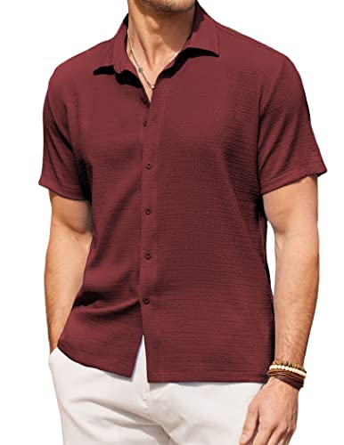 COOFANDY Mens Shirt Casual Button Down Textured Summer Beach, Wine Red, Medium, Short Sleeve