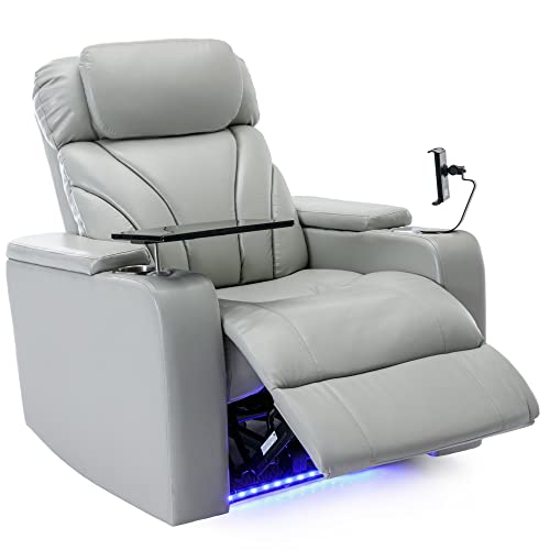 Merax Leather Recliner Chair, Electric Home Theater Seating with Multimedia Audio Armrest, Cup Holders & Storage, Light Grey