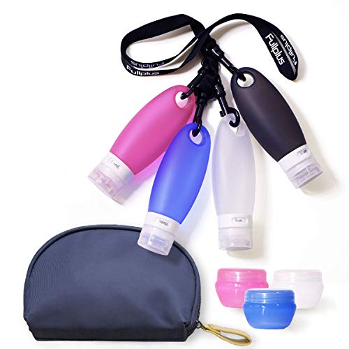 Fullplus Travel Silicone bottles With Lanyard SetFullPlus TSA Approved Portable Leakproof Refillable Silicone Travel Bottles Set with Shower Lanyard for Shampoo Lotion Soap for Gym (9 Pack)
