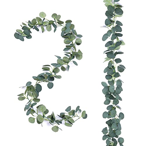 FUGZAUD 2 Pack Artificial Eucalyptus Garland Faux Silk Leaf Silver Dollar Eucalyptus Leaves Vines Handmade Garland Greenery Wedding Backdrop Indoor Outdoor Arch Wall Decoration