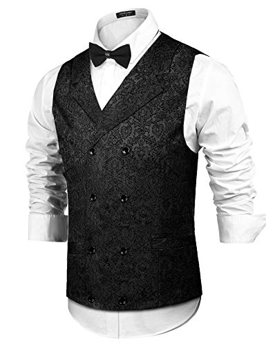 COOFANDY Mens Victorian Vest Steampunk Christmas Double Breasted Suit Vest Slim Fit Brocade Paisley Floral Waistcoat (XX-Large, Black*)