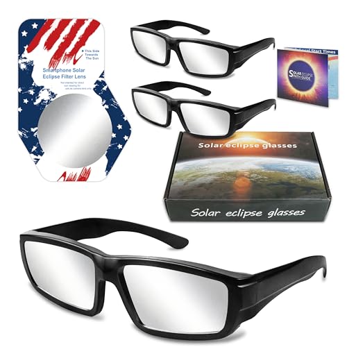 Solar Eclipse Glasses with 1 Cellphone Photo Filter Lens,AAS 2024 Approved-ISO 12312-2:2015(E) & CE Certified, 3 Pack Durable Plastic Eclipse Glasses for Direct Sun Viewing