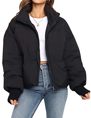 Gihuo Women’s Winter Warm Long Sleeve Zip Front Short Baggy Puffer Jacket with Pockets (Black, Small)