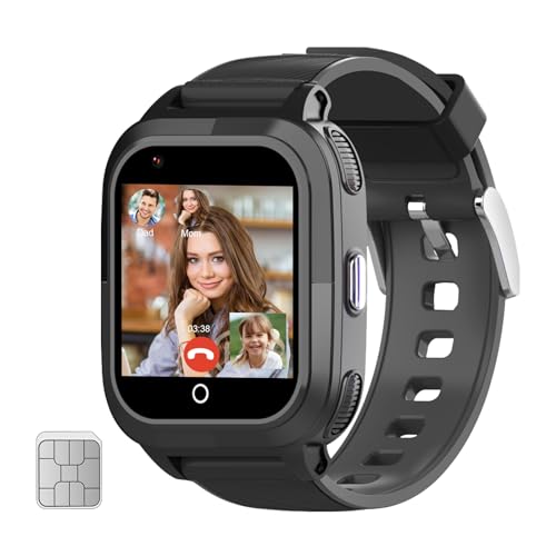 wonlex Kids Smartwatches with SIM Card, 4G Kids GPS Tracker Whatsapp Line Real-time Calling Voice Message SOS Camera, Birthday Gifts for Girls Boys Aged 5-12(Black)