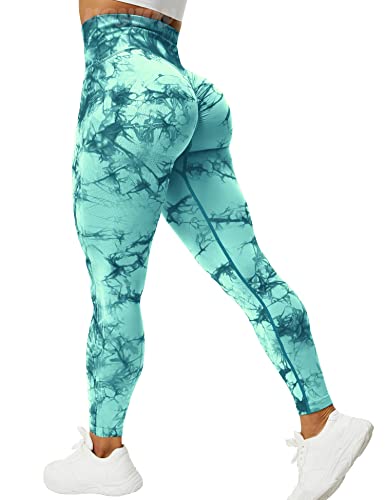 VOYJOY Tie Dye Seamless Leggings for Women High Waist Yoga Pants, Scrunch Butt Lifting Elastic Tights (#1 Teal, Medium)