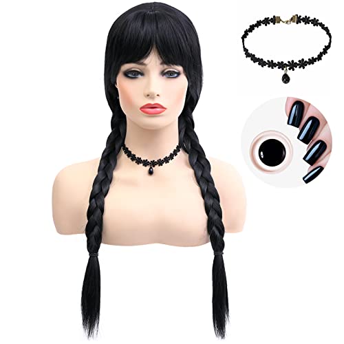 morvally Adult Women Wednesday Wig Long Black Braided Wigs with Bangs for Costume Cosplay Halloween Party 2022 New Version (Adult)