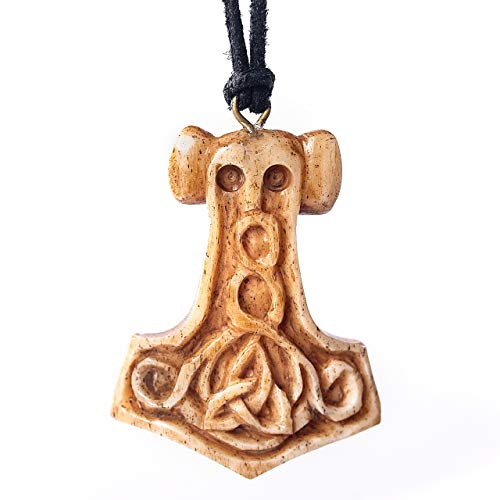Norse Tradesman Thor's Hammer Ox-Bone Pendant - Hand-Carved Mjolnir Hammer Necklace with Hidden Odin Imagery - Includes Rustic Jewelry Gift Sack